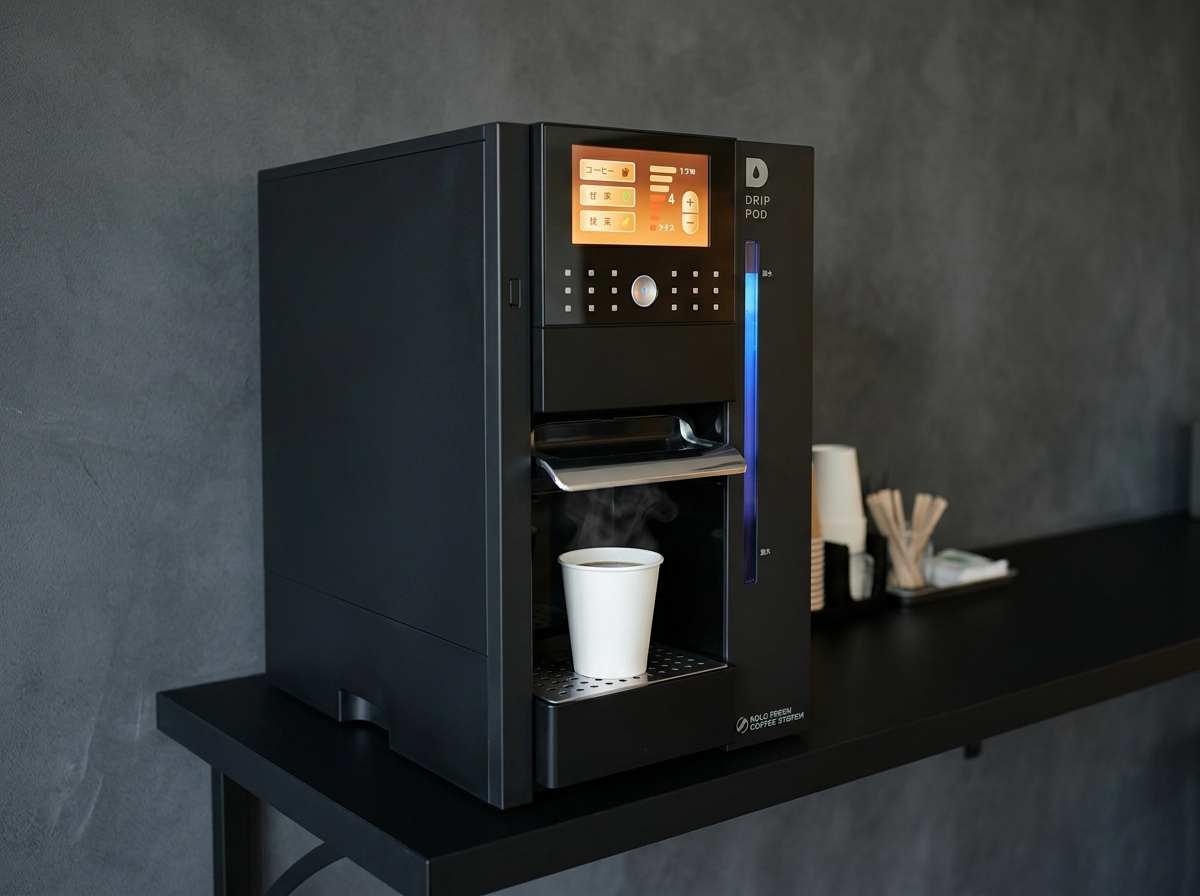 コーヒーマシンから紙カップへコーヒーを抽出する様子