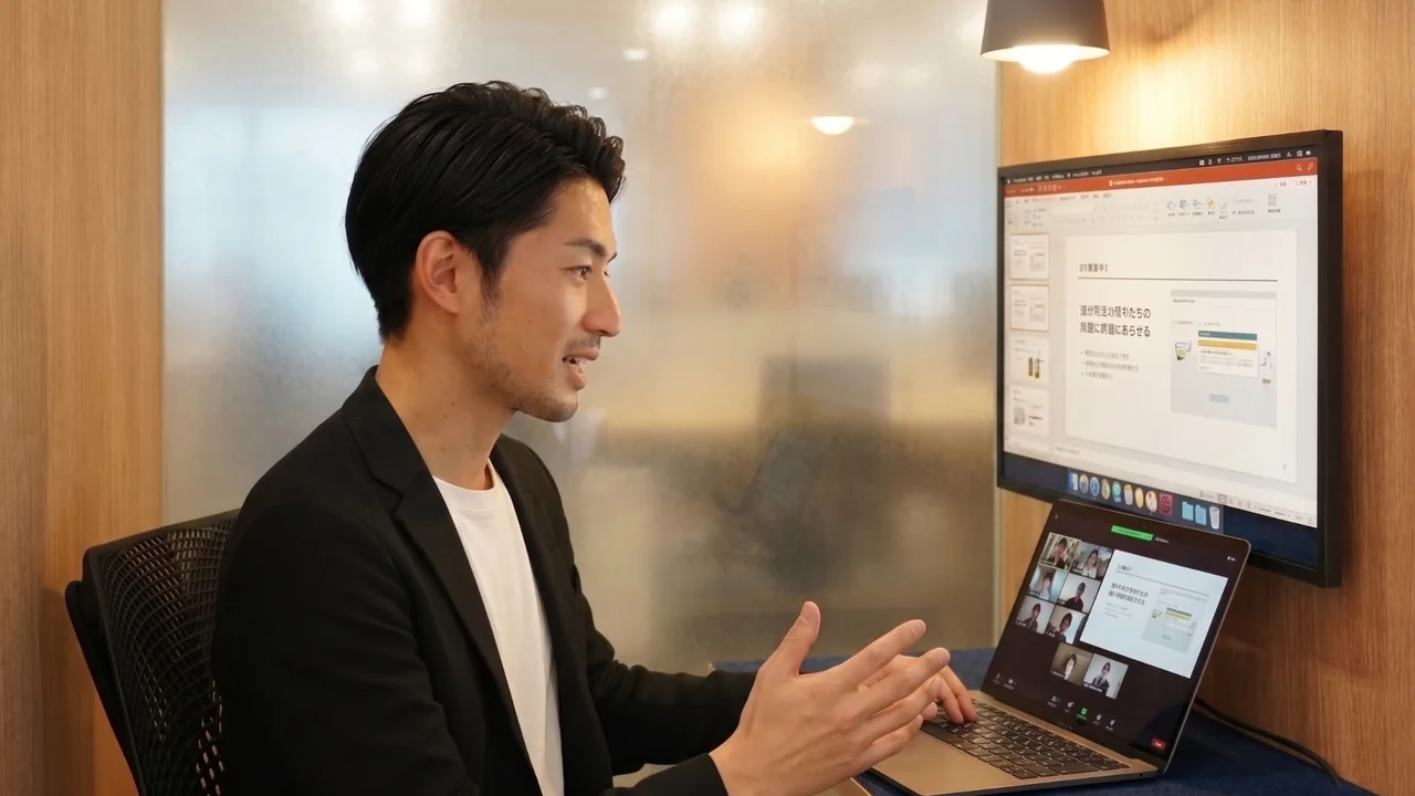 半個室ワークブースでモニターを使って仕事をする様子