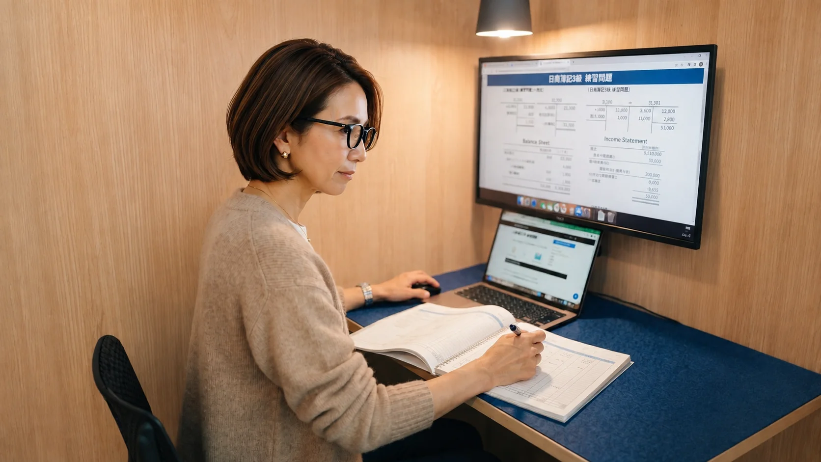 半個室ワークブースで資格の勉強をする女性