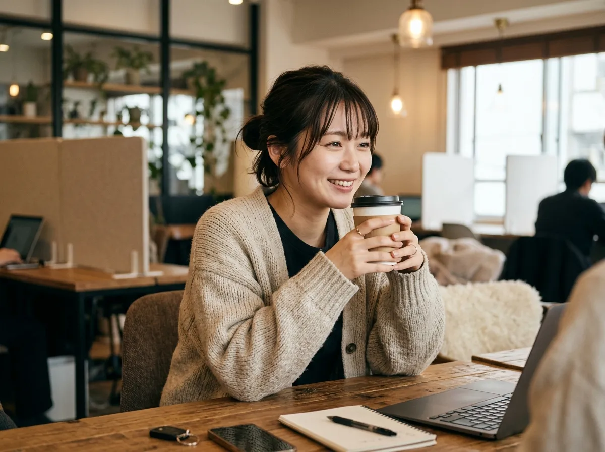 個室のコワーキングスペースでのコーヒー休憩にほっこり笑顔になる20代日本人女性