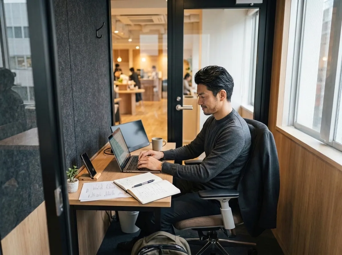 コワーキングスペースの個室でのびのび作業をする日本人男性