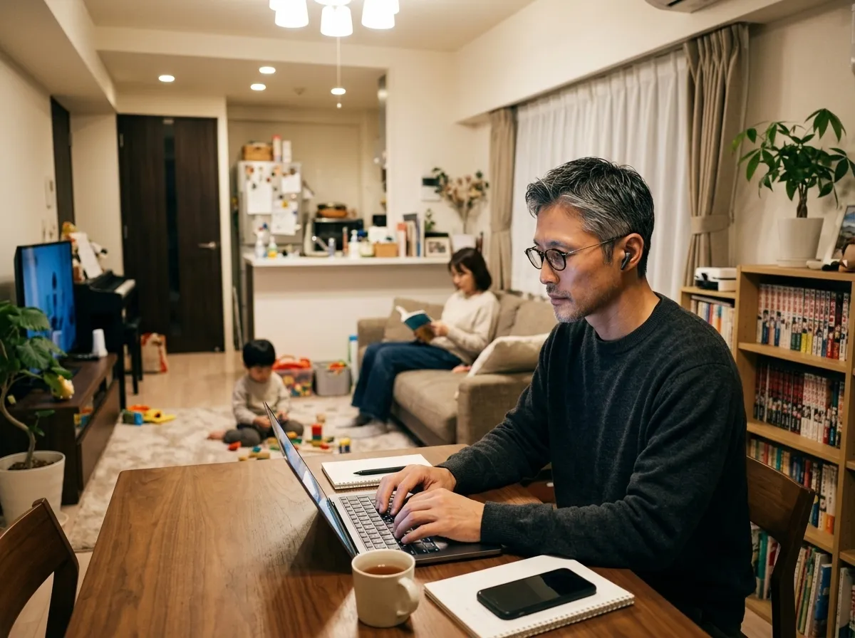 家族に気を使いながらリビングで仕事をする男性