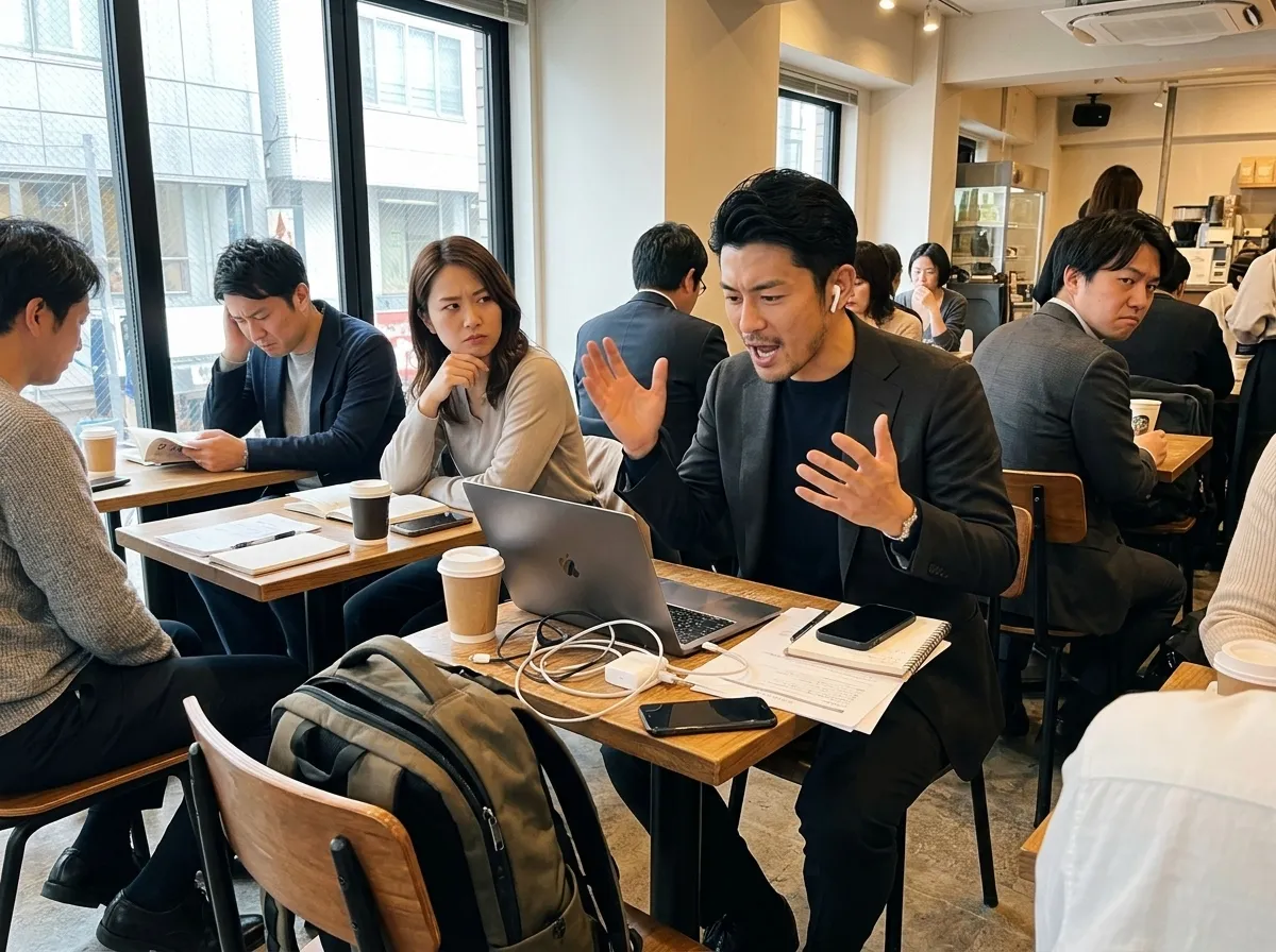 カフェでPC作業をしているが周りの人たちに迷惑がられている日本人男性
