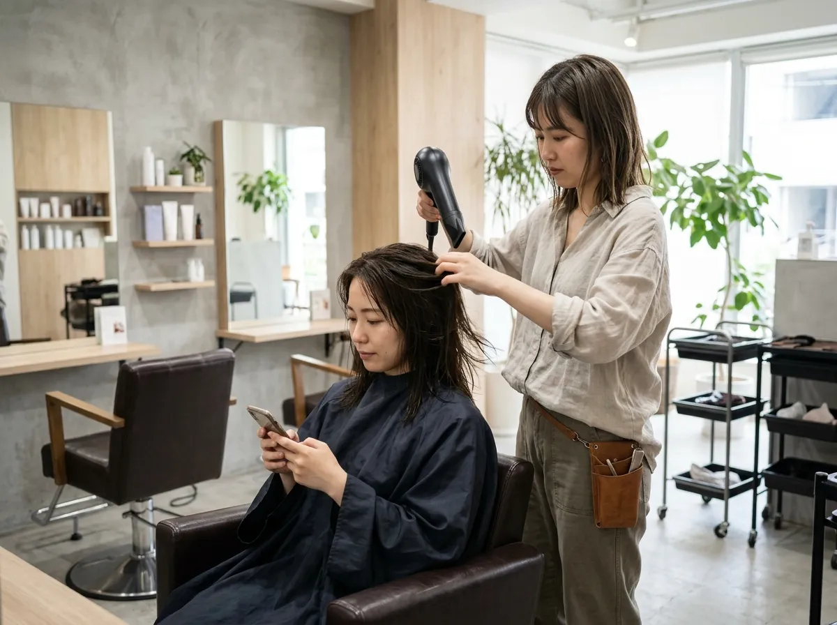 美容室で髪を乾かされる女性